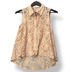 Womens Lace Sleeveless Blouse Peach M Sheer‎ Romantic Soft Girl Top Coquette